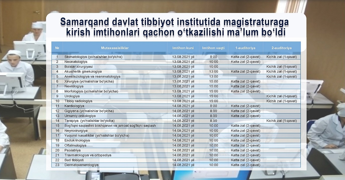 Dates of entrance exams for Master's programmes at Samarkand State Medical Institute are announced