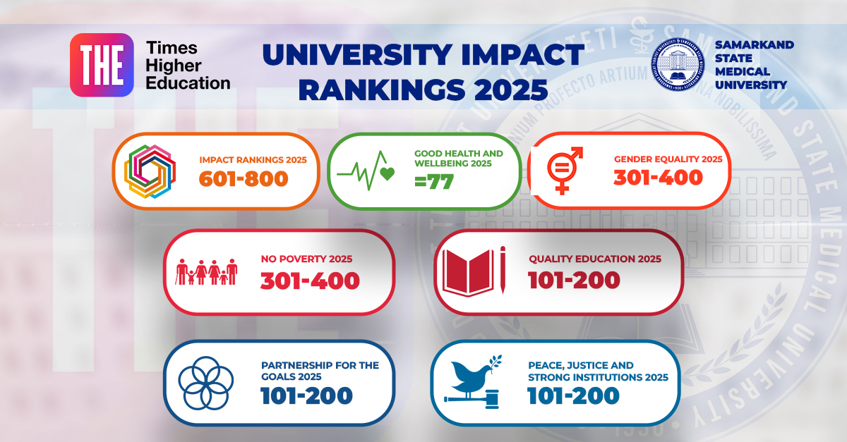 Samarkand State Medical University has been recognized as the first university in Uzbekistan to be included in the THE rating among higher educational institutions of the medical field